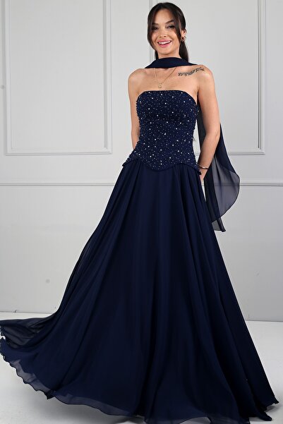 By Saygı Kadın Straplez Yaka Balenli Taş Detaylı Astarlı Uzun Şifon Elbise