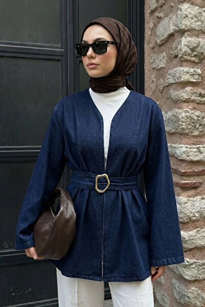 InStyle Wide Sleeve Belted Dark Blue Denim Jacket