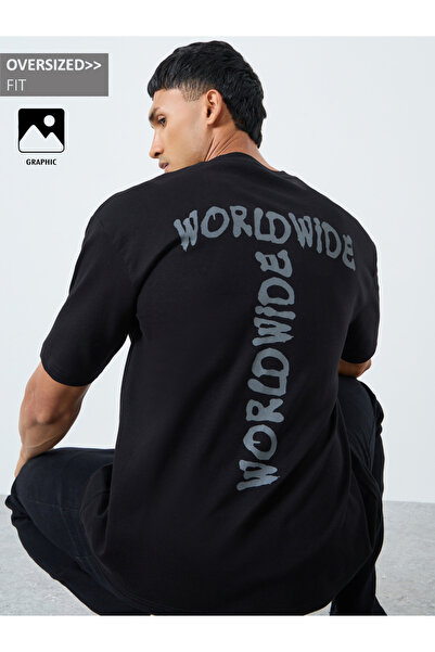 Styli Men Black Oversized T-Shirt with Worldwide Print
