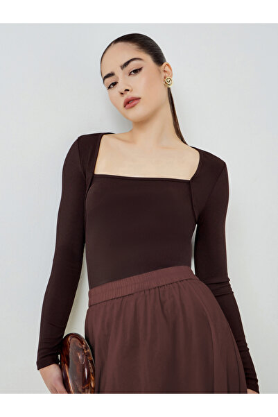 Styli Brown Square Neck Long Sleeve Knit Tops