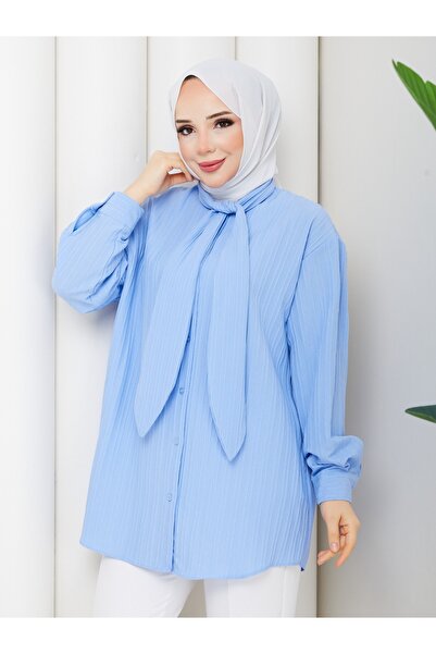 Güba Ticaret Kadın Kravat Yaka Fularlı Tunik – Uzun Kollu Düğmeli Bluz – Şık ...