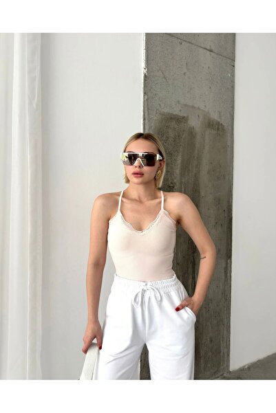 Vinales Women's Lace Detailed Rope Strap Ribbed Crop Top