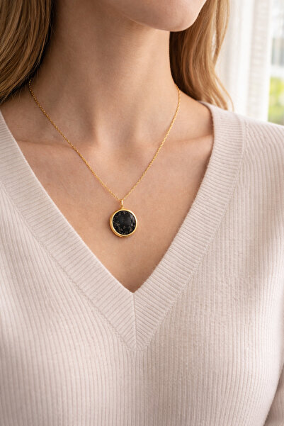 POYASE Gold Plated Anthracite Natural Stone Round Pendant Minimal Framed Chai...