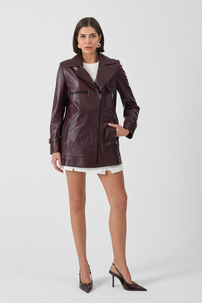 MALPcollection Kadın Hakiki Bordo Deri Oversize Ceket