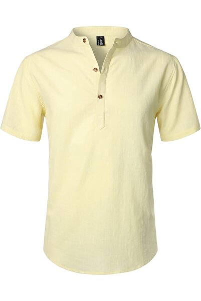 Other Men's Summer Shirt - Cotton and Linen, Henley Style, Tunic Collar - Yel...