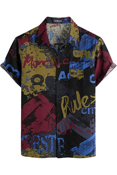 Other Men's Hawaiian Shirt - Cotton and Linen, Ethnic Print, Short Sleeve, Bl...