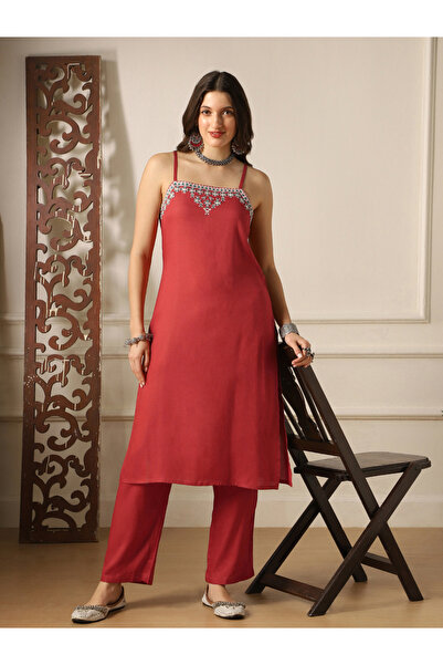 Globus By Styli Square Neck Embroidered Detail Straight Kurta and Pant Fusion...