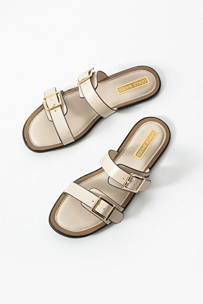 Gökçe Shoes İmperio Bej Çift Tokalı Düz Taban Kadın Terlik