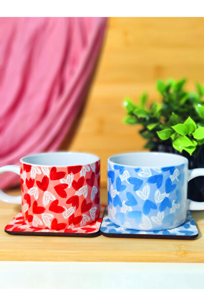 kuttuushop Kalp Desenli 2’li Çift Sevgili Kupası Bardak Kahve Çay Fincanı ve ...