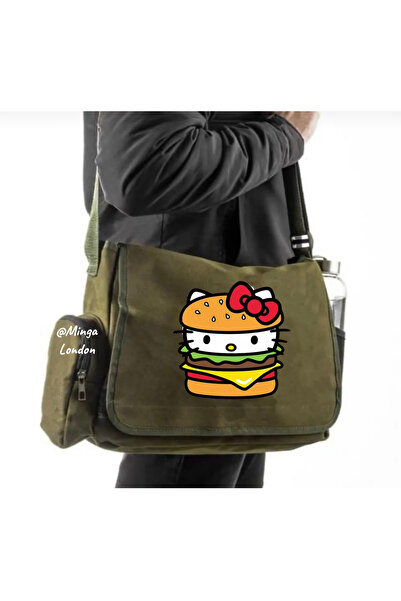 Minga London Khaki Hamburger Kitty Printed Messenger Bag -Mingalondon