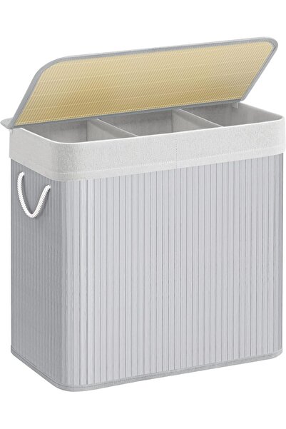 SONGMICS 3-compartment laundry basket, bamboo/textile, gray, 60 x 40 x 61.5 cm
