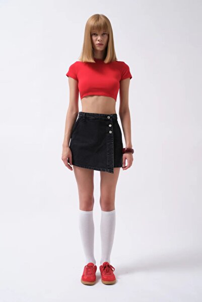 Ferte Kadın Mini Kot Şort Etek Düğme Detaylı Yüksek Bel Denim Etek