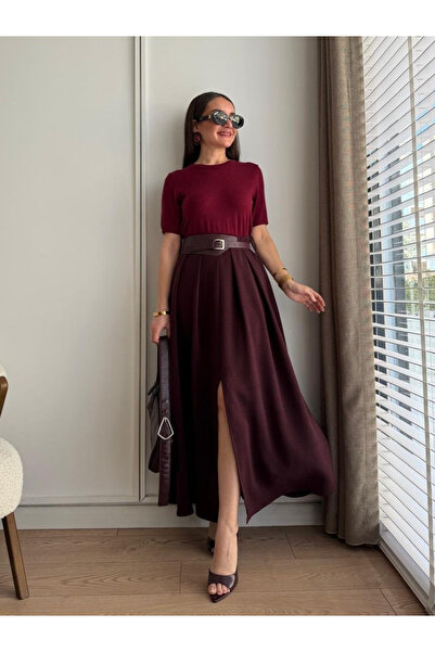 My Blog Plum Pleated Front Slit Belted Skirt - 3376