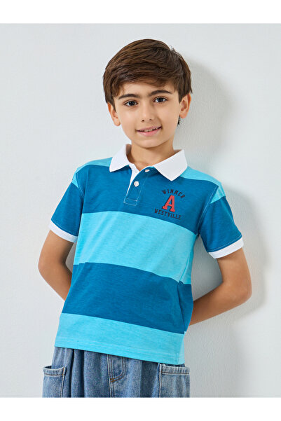 Styli Boys Blue Color Block Polo T-Shirt