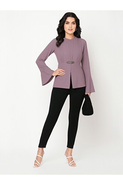 Mish By Styli Lilac Pleated Bell Sleeve Blouse