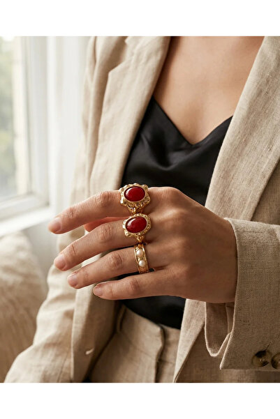 Dorvina Brass Anti-Tarnish Jewelry Gold Color Burgundy Stone 3 Piece Ring Wom...