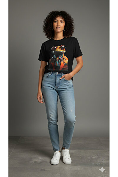 ELİF TARAKÇI BUTİK تي شيرت قطني أسود بنقشة الضفدع