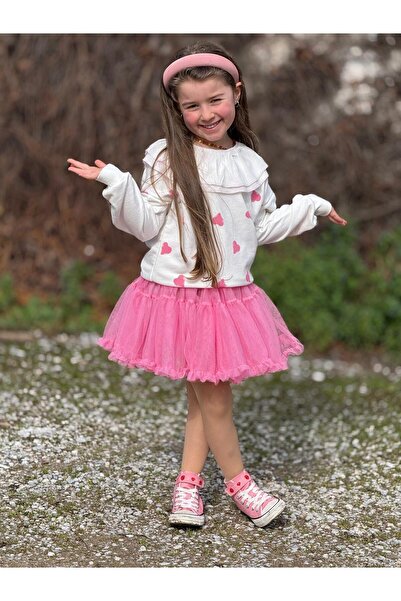 YİGİT BUTİK Girl's Heart Sweatshirt & Pink Tutu Skirt Combination