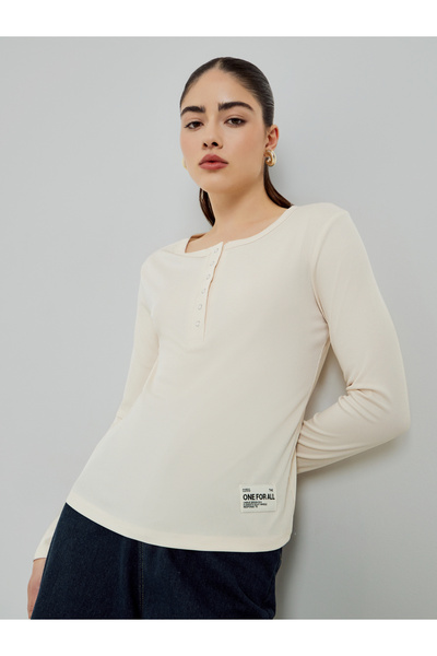 Styli Beige Ribbed Henley Long Sleeve T-Shirt