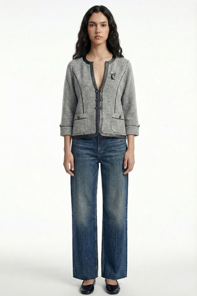 Sementa Faux Leather Trim Wool Knitwear Jacket - Gray - Black