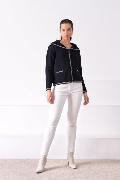 Ferraro Navy Blue Stripe Detailed 100% Cotton Women's Knitwear Cardigan