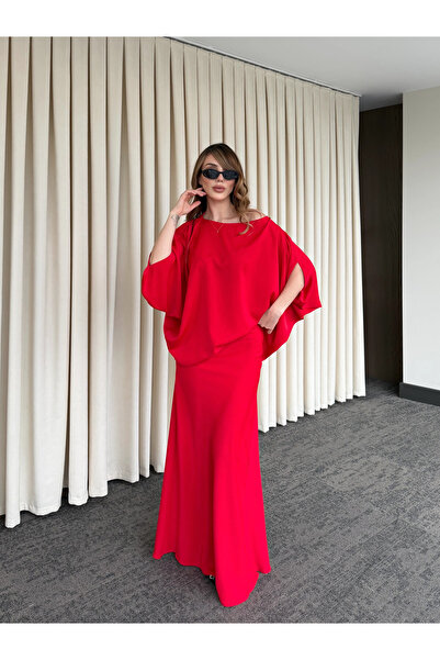 Laluvia Red Shoulder Draped Satin Blouse Skirt Set - 8005