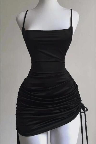 harmony factory Black Ruched Back Drawstring & Low-Cut Strappy Gothic Y2K Dre...