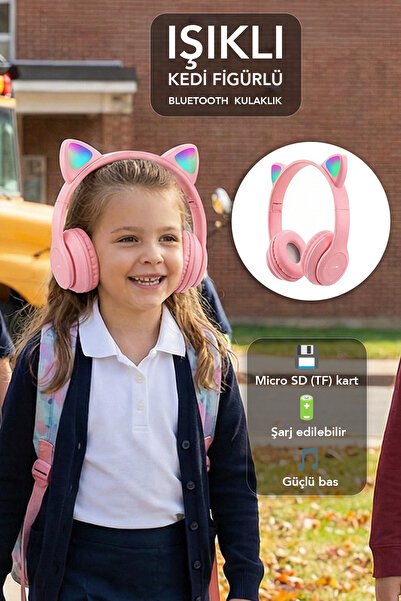 mimtec Kablosuz Bluetooth Kulaklık Led Işıklı Mikrofonlu Kedili iOS Android U...