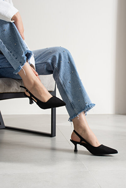 Pazzyonez Women's Lara Black Suede Kitten Ankle Buckle Short Mini Heeled Shoes