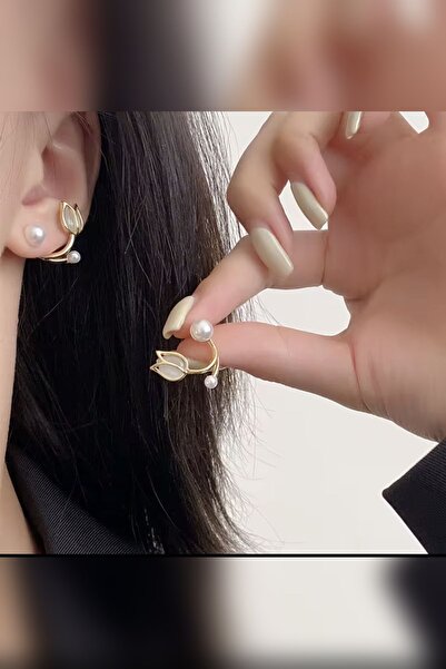 DEMOKAN Kadın Küpe İncili Lale Model 14k Gold Minimal Tasarım Küpe