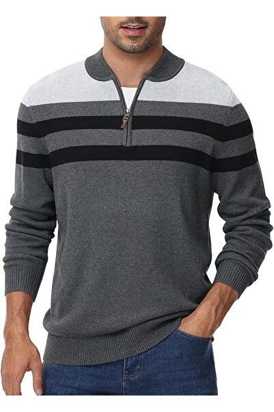 Other Men's Sweater - Cotton, 1/4 Zipper, Mock Neck, Patchwork Pattern - Gray...