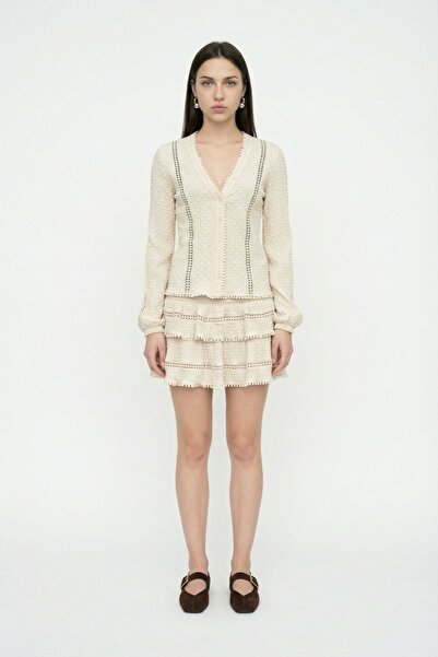 Quzu Πουκάμισο με λαιμόκοψη V και υφή, μπεζ