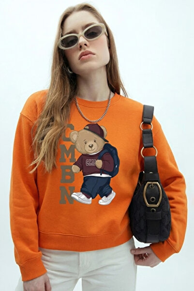COMBİNE MİCHAİL Women's Teddy Bear Print Orange Relax Sweatshirt