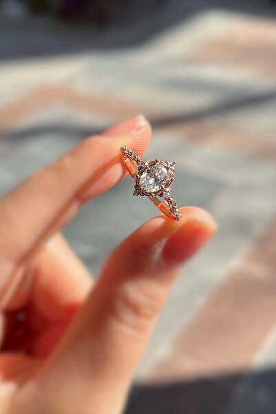 Erer Gümüş 925 Ayar Gümüş Rose Gold Oval Kesim Zirkon Taşlı Vintage Tasarım K...