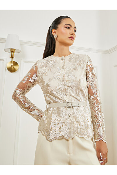 Styli WhiteLace Long Sleeves Peplum Top