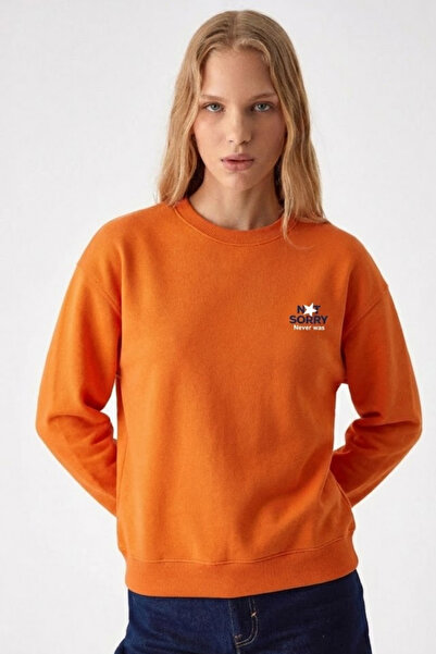 COMBİNE MİCHAİL Women's Sorry Chest Print Orange Sweatshirt