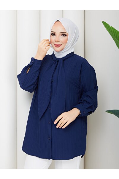 Güba Ticaret Kadın Kravat Yaka Fularlı Tunik – Uzun Kollu Düğmeli Bluz – Şık ...