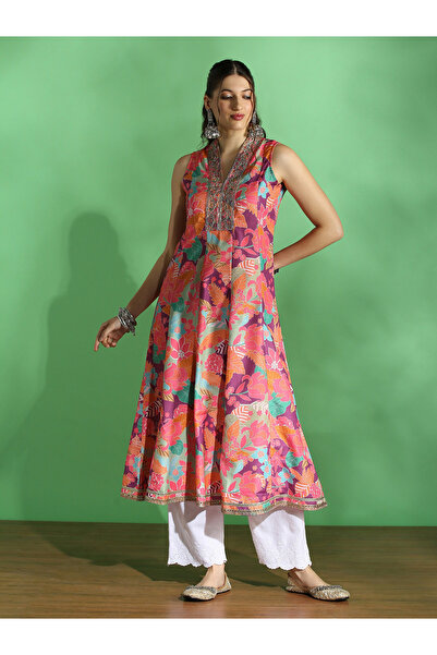 Globus By Styli Floral Print Embroidered Zari Work Anarkali Festive Kurta