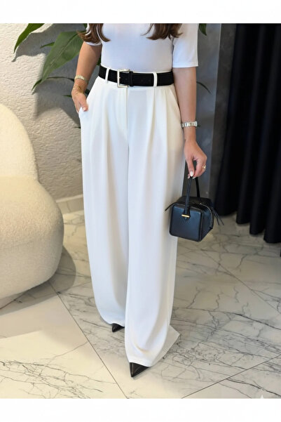 solena sln Women's White Bridge Detailed Belted Palazzo Trousers