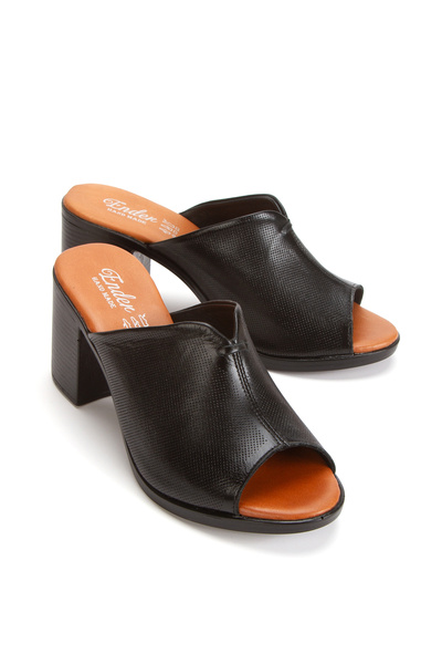 Ender 100% Genuine Leather Thick Heeled Black Women's Slippers