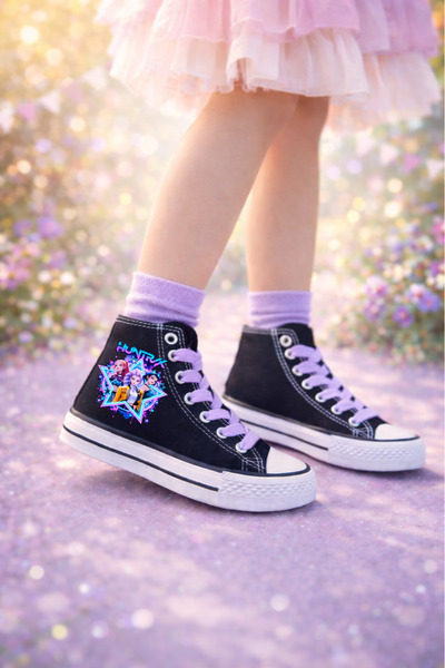 LEVENT ÖZCAN Demon Baskılı Lila Bağcıklı Bilekli Siyah Çocuk Sneaker