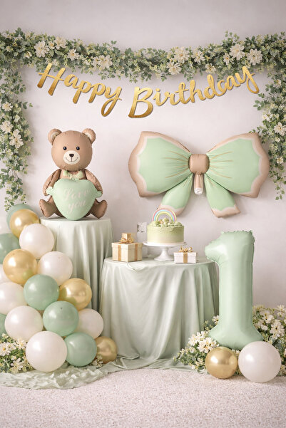 MERİ PARTİ Mint Yeşil Ayıcık Konsept Doğum Günü Seti Fiyonk Folyo Balon Ayıcı...