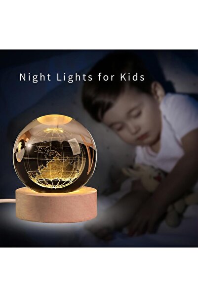 ARABIQO 3D Crystal Ball Night Light 8cm with Wooden Base, USB Powered LED Glass Lamp for Bedroom, Ho