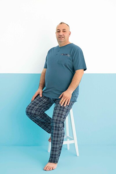 Aydoğan Men's Dinç Large Size Cotton Short Sleeve Turquoise Pajama Set 0008