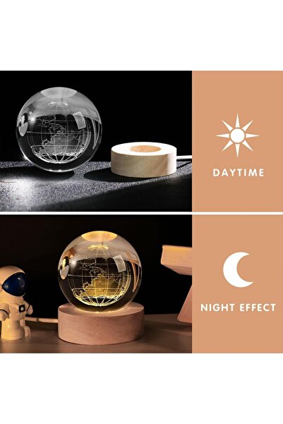 ARABIQO 3D Crystal Ball Night Light 8cm with Wooden Base, USB Powered LED Glass Lamp for Bedroom, Ho