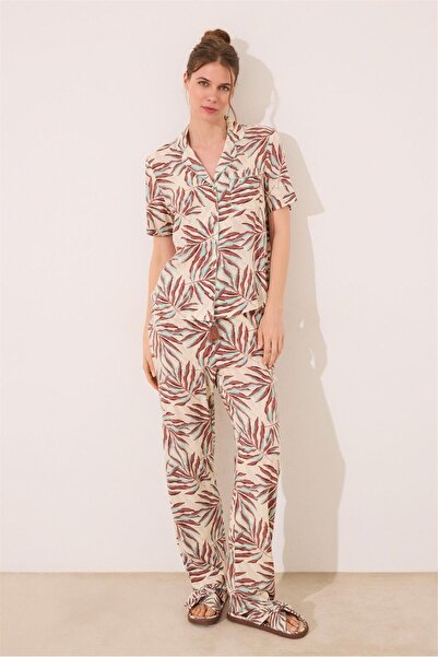 Perspective Women Secret Brown Shirt Collar Patterned Pajama Set