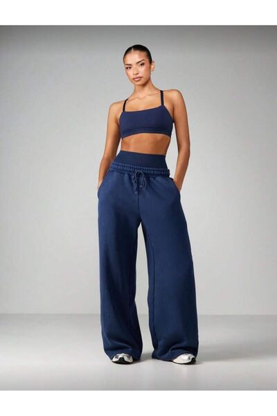 Le Vion Women's Navy Blue High Waist Baggy Relaxed Fit Winter Fleece-Lined Wi...