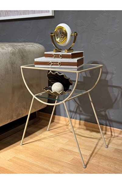 AssuCass Pars Metal Camlı Yan Sehpa Krem-Şeffaf