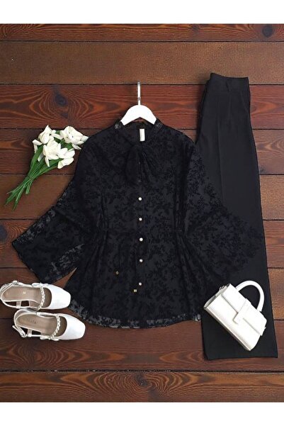 ŞAHİN TESETTÜR GİYİM YAKA BAĞLAMALI FLOK BASKILI ASTARLI TÜL GÖMLEK TUNİK 5688