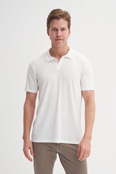 Cazador Regular Fit Knitted Textured White Men's Polo Neck T-Shirt 42040